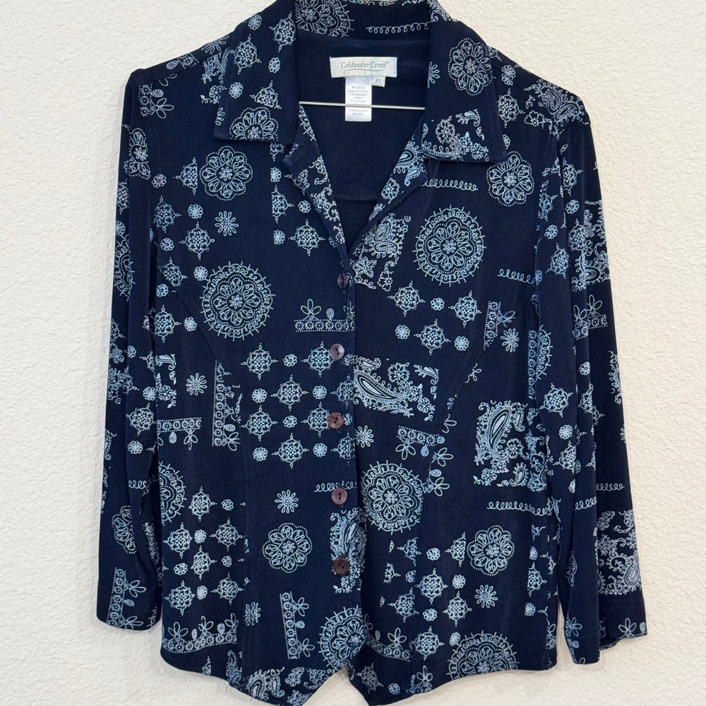 Coldwater Creek Dark Blue and White Blouse